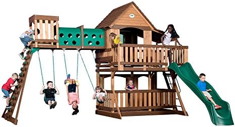 Backyard Discovery Woodridge Elite Cedar Wood Swing Set with Wave Slide, Clubhouse, Crawl Tunnel, Crow's Nest, Belt Swings, Trapeze, Rock Wall Ladder