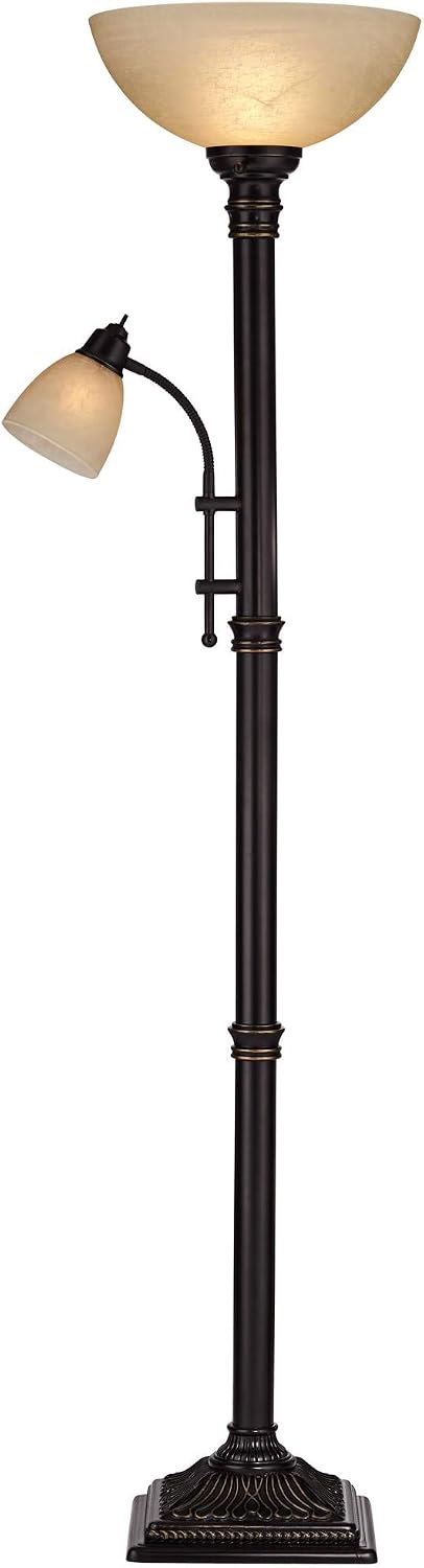 Regency Hill Garver 72 1/2" Tall Bronze Side Light Torchiere Floor Lamp | Traditional 2-Light Adjustable Gooseneck Arm 5 Oiled Rubbed Amber Glass Shades for Living Room Reading House Bedroom Home