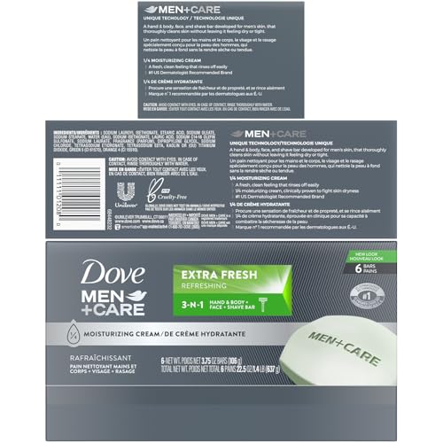 Dove Men+Care Extra Fresh Body and Face Bar Soap, 12 Bars (3.75 Oz Ea) + 1 Bonus Bar (2.6 Oz), 3-in-1 Moisturizing Soap for Body, Face, and Shaving