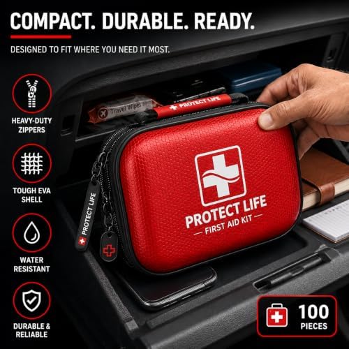 Protect Life Travel First Aid Kit for Car - Small Mini Emergency Kit, 100 Piece Waterproof First Aid Kit for Home, Camping, Boat & Hiking - Includes Emergency Blanket & First Aid Guide