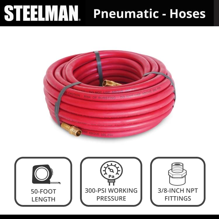 Steelman 50-Foot x 3/8-Inch ID Rubber Air Hose for Pneumatic Tools, 3/8-Inch Male NPT Brass Fittings, 300-PSI Working Pressure
