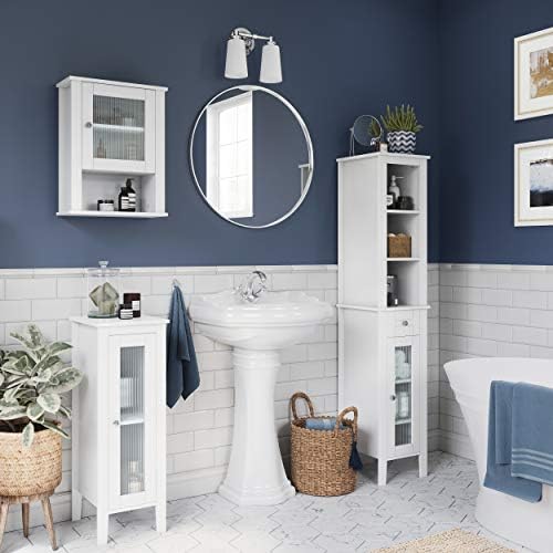 RiverRidge Prescott Tall Slim Bathroom Linen Storage Cabinet, White | Versatile Narrow Organizer with Reeded Glass Door, Open Display