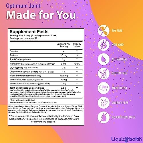 LIQUIDHEALTH Optimum Joint Support Supplement with Glucosamine, Chondroitin, MSM, Hyaluronic Acid - Triple Strength Liquid Vitamins, Gluten-Free, Dairy-Free, Soy-Free Joint Juice, Made in USA (32 oz)