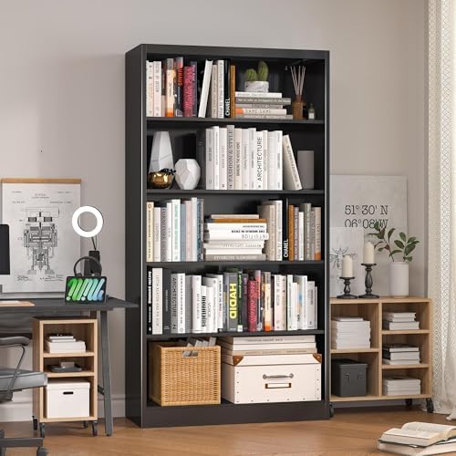 Bookcase,5 Tier White Bookshelves,66" Tall Free Standing Metal Bookcase with Adjustable Storage Shelves, Industrial Wide Bookshelf for Bedroom Living Room Home Office School