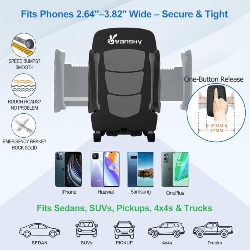 Vansky Stable Car Phone Holder: Clear Picture Even Over Speed Bumps | 3-in-1 Mount for Windshield Dashboard & Air Vent - Rock-Solid Grip on Potholes