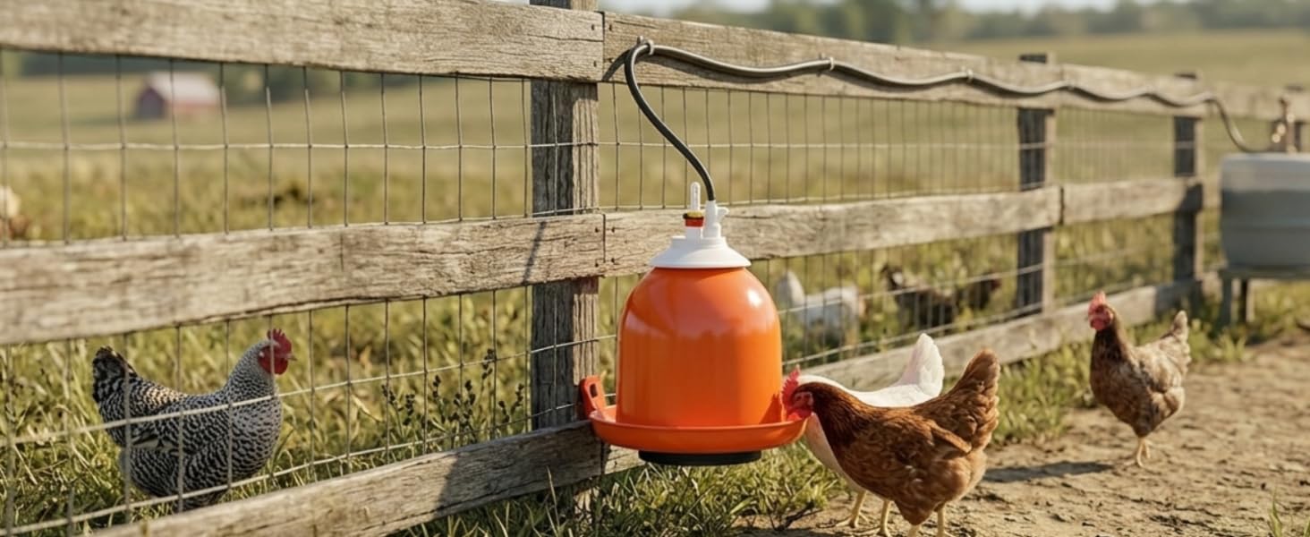 chickens drinking from the bellmatic on a fence on a farm