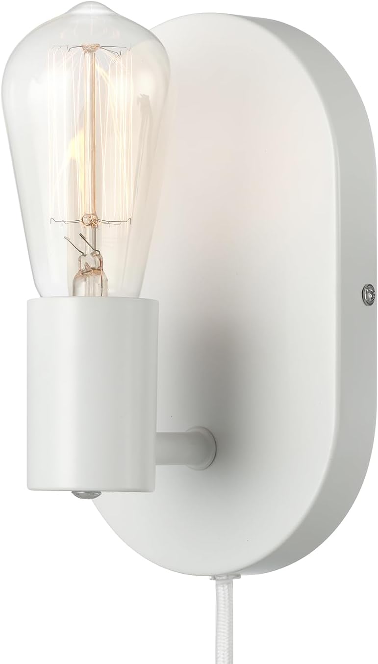 Globe Electric 65000134 1-Light Plug-in or Hardwire Wall Sconce, Matte White, 6ft White Fabric Covered Cord, Inline On/Off Rocker Switch, Bedroom