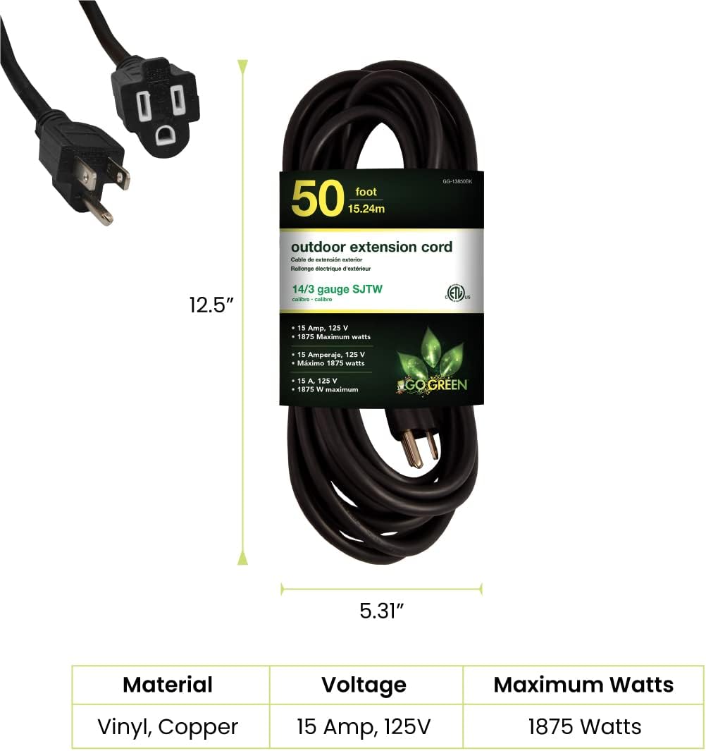 Go Green Power Inc. (GG-14025) 12/3 SJTW Outdoor Extension Cord, Lighted End, 25 ft