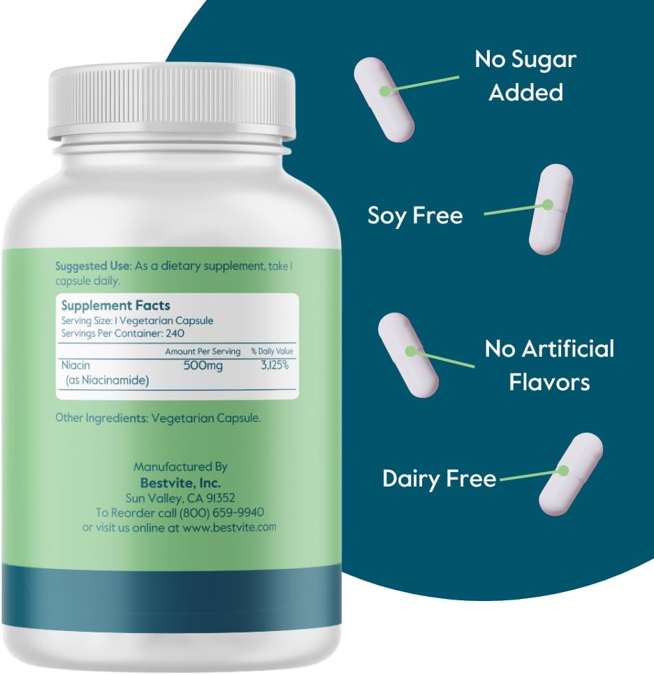 BESTVITE Filler-Free Niacinamide 500mg (240 Veg Caps) - Flush Free VIT B-3 | No Stearates - Vegan - Non GMO - Gluten Free - Non-Flushing Vitamin B3
