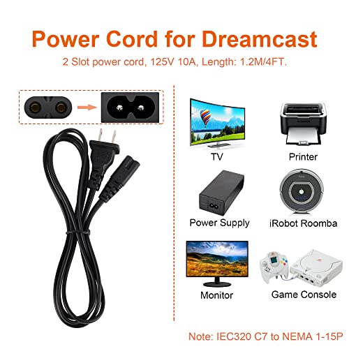 Power Cord and AV Cable for Dreamcast, 2 Prong Power Supply & Audio Video RCA AV Cable Compatible with Sega Dreamcast DC Console
