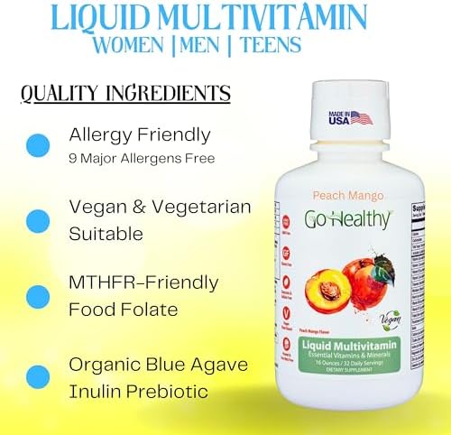 Go Healthy Liquid Multivitamin for Women, Men, Teens | Vegan Vitamin & Mineral Supplement | High Absorption | Premium Liquid Formula | Immune Support | Peach Mango Flavor | 32 Servings