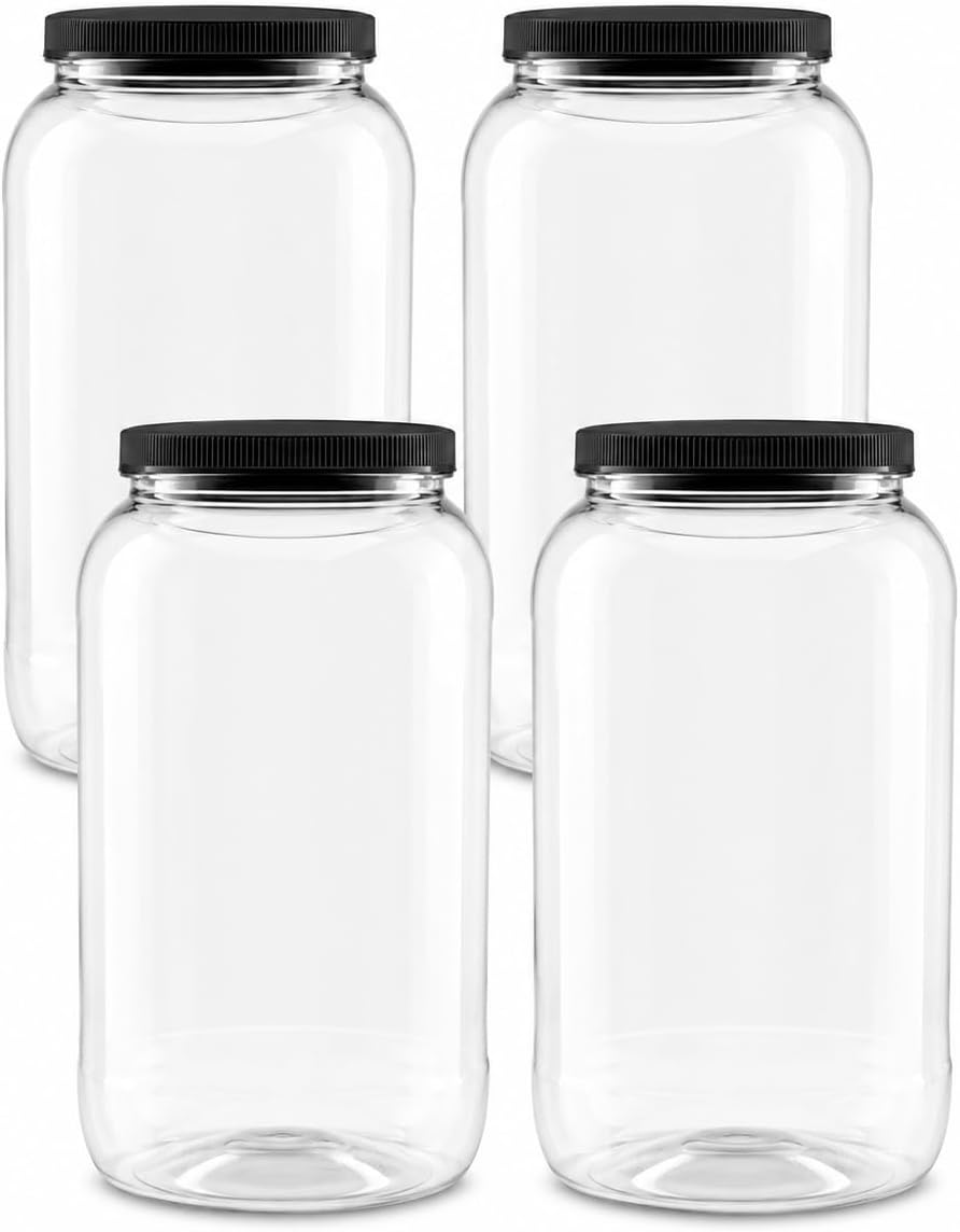 1 Pack - 128 oz (1 Gallon) Plastic Storage Jars with 110-400 Leak Proof Black Lids, Food Grade, BPA Free, Hand Wash Only (128oz, BLK, 1PK)