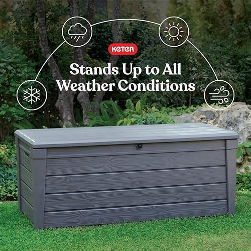 Keter Brightwood 120 Gallon Resin Large Deck Box for Patio Garden, Outdoor Cushion Storage, Pool Accessories, Tools, Grey