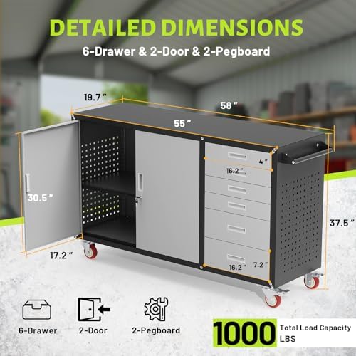 55"W Heavy Duty Rolling Workbench with Drawers and Storage, 1000 LBS Capacity Work Bench with Lockable Cabinet & Adjustable Shelf