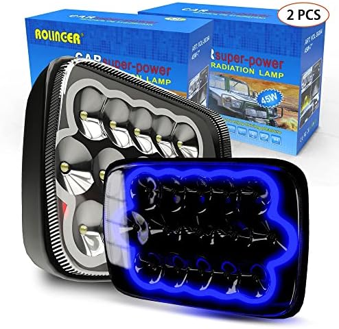 ROLINGER 2PCS Plug&Play Sealed Beam LED Light 7x6 5x7 with Blue Halo Ring | H6054 Auto Lights Off Road Compatible with Wrangler YJ XJ Cherokee E250