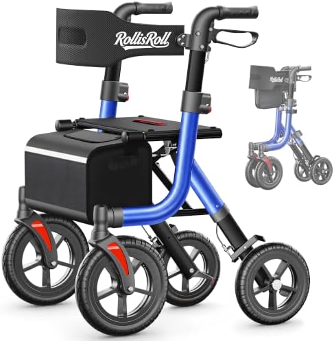 Walkers for Seniors, Rollator Walker with Seat, 10" Big Rubber Wheels All Terrain Rolling Walker, Lightweight Foldable Rollator Walker, Built-in Cable, Reinforced Aluminum Frame, Orange