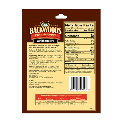 LEM Products Backwoods Caribbean Jerk Jerky Seasoning, 4.2 oz Packet | Pre-Measured Seasoning and Cure for Wild Game and Domestic Meat, Seasons Up to 5 Pounds of Meat for Homemade Jerky