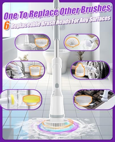 6-in-1 Cordless Electric Spin Scrubber with Long Handle | Power scrubber, bathroom scrubber, 47.2 in long handle, 2 speed scrub brush, IPX7 rated body, kitchen, tile, tub, floor