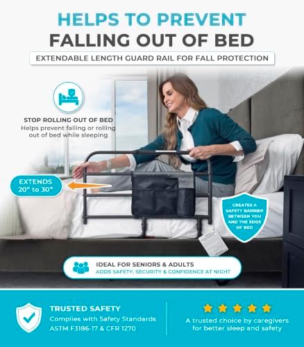 Stander EZ Adjust Bed Rail, Adjustable Senior Bedrail and Safety Assist Railing for Elderly Adults with Organizer Pouch