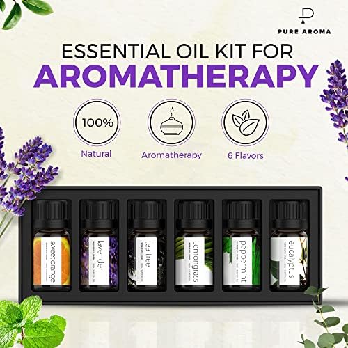 Essential Oils Set by Pure Aroma - Top 6 Aromatherapy Oils Gift Set-6 Pack, 10ml (Eucalyptus, Lavender, Lemongrass, Sweet Orange, Peppermint