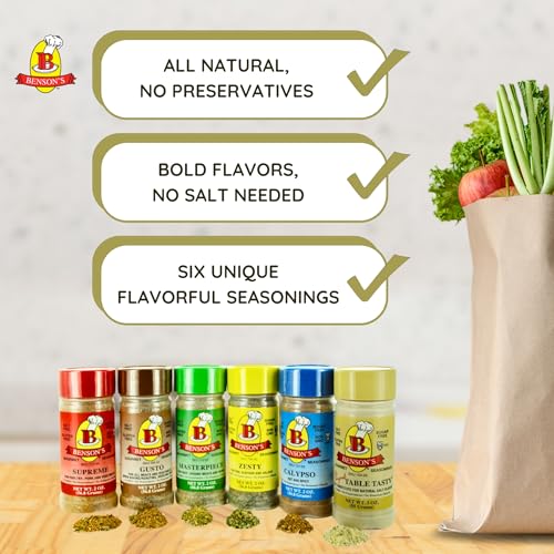 Bensons 6-Pack Salt-Free Seasoning Set - 5 Seasonings + 1 Salt Substitute + Salt Free Cookbook, Salt-Free, Sugar-Free, Gluten-Free