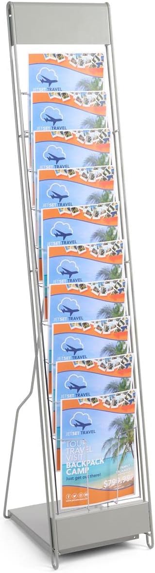 Displays2go Portable Magazine Rack, Black, 54" h Floor-standing | 10 Pockets for 8.5x11 Catalogs, Carry Bag Included, Tiered Design, Steel, NCYBRCHBLK