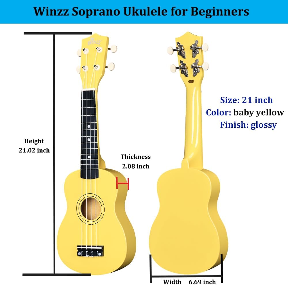 Winzz Soprano Ukulele Starter Kit For Beginners with Bag, Clip-On Tuner, Extra Strings, Strap, Plectrum, Fret Stickers, Chords Card, Polishing Cloth, Black