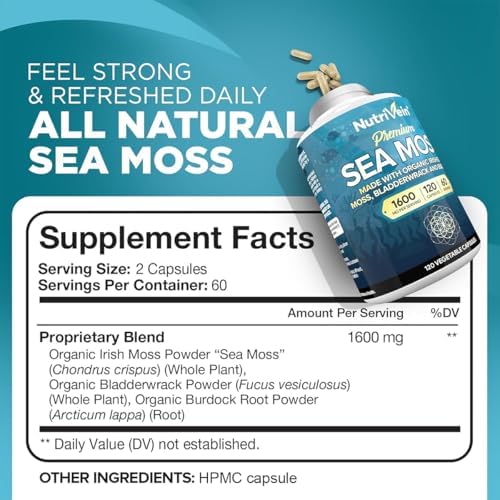 Nutrivein Organic Sea Moss 1600 mg, Bladderwrack & Burdock - 120 Capsules