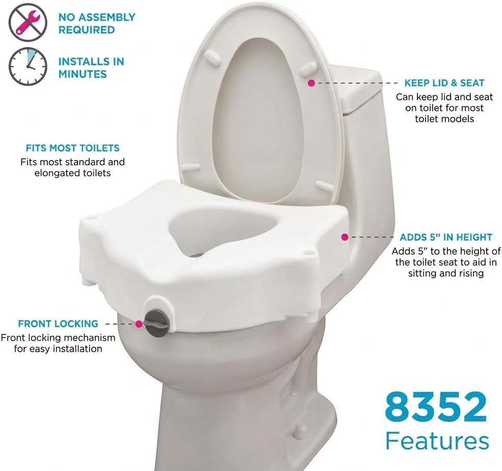 NOVA Toilet Seat Riser with Arms – Adds 5” Height, Raised Toilet Seat with ON/Off Front Lock, Adjustable & Removable Padded Arms (17.75”–20”), 300 lb Capacity, Safety Aid for Seniors