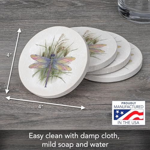 Thirstystone Dragonfly 4 Pack Round Natural Sandstone Coasters | Protective Cork Backing, Manufactured in the USA