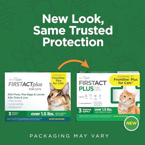 TevraPet FirstAct Plus Flea and Tick Topical for Cats over 1.5lbs, 3 Dose Waterproof Flea and Tick Control/Prevention for 3 Months