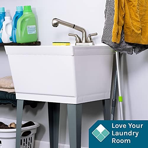 Utility Sink Laundry Tub With Pull Out Faucet, Sprayer Spout, Heavy Duty Slop Sinks For Washing Room, Basement, Garage or Shop