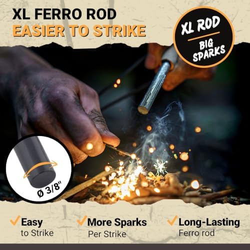 Ferro Rod Fire Starter Kit with Fatwood Tinder Stick - 3/8" Thick Ferrocerium Flint and Steel Fire Starter