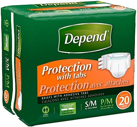 Depend Adult Diapers with Tabs, Incontinence Protection with Tabs, Unisex, Small/Medium (19–34" Waist, Up To 170 lbs), Maximum Absorbency, 60 Count (3 Packs of 20)
