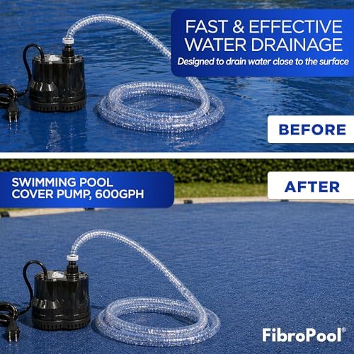 Pool Cover Pump - 75W 10 GPM 120V - 16 ft Hose - ABS Plastic | Submersible Design, Flat Base For Shallow Water, Manual Shut Off, 16 ft Power Cord