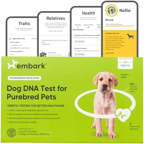 Embark Purebred Dog DNA Test - 270+ Genetic Health Conditions, 55 Physical Traits, Coefficient of Inbreeding (COI), Relatives, Breed Confirmation