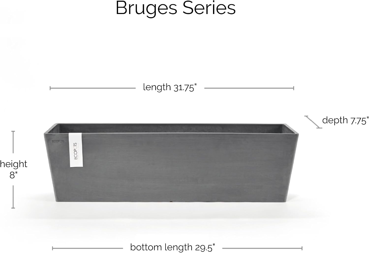 Ecopots Bruges Rectangular Flower Planter, Grey, 21.5" | Modern Style, Durable Recycled-Based Composite Construction, Weather and UV-Resistant, for Indoor/Outdoor Use