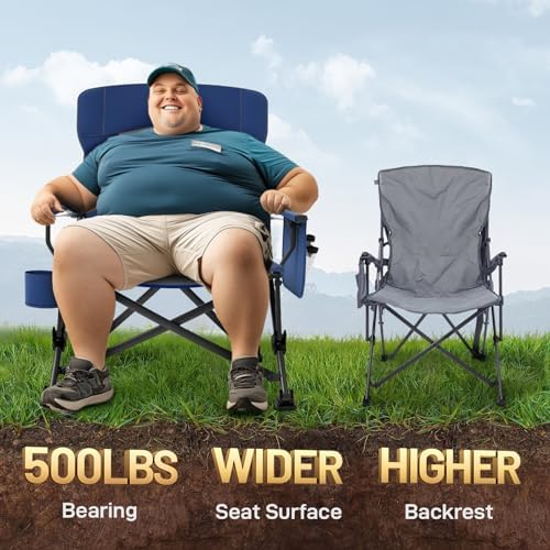 EVER ADVANCED Oversized Folding Camping Chair for Adults with Adjustable Lumbar Support, Heavy Duty Chair with Side Pockets, Portable Collapsible Quad Chair for Outside