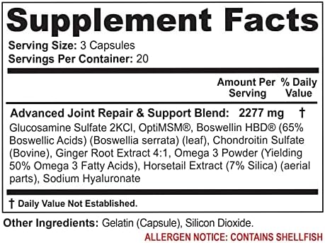 Joint Health & Support Supplement with Glucosamine Sulfate, Chondroitin, Hyaluronic Acid & MSM for Joint Support, Cartilage & Flexability, 60 Capsules