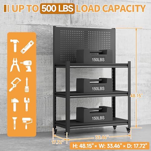 32" H Metal Garage Workbench with Wheels,3-Tier Garage Roling Tool Work Bench,Adjustable Heavy Duty Work Table on Wheels,Black Mobile Garage Workstation for Warehouse Workshop,Screwless Design