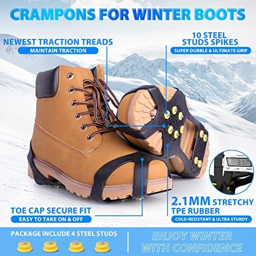 Ice Cleats for Boots Shoes, Snow Grips Cleats for Ice and Snow Anti-Slip Rubber Traction Cleats for Walking on Snow and Ice 10 Steel Studs Crampons for Hiking, Walking, Climbing, Jogging
