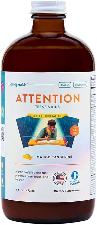 LIQUIDHEALTH Attention Liquid Multivitamin for Kids & Teens - Improves Memory Retention, Concentration, Focus, Mood, Relaxation & Calming - Made in the USA, Great Taste, Vegan, Sugar-Free (16 oz)