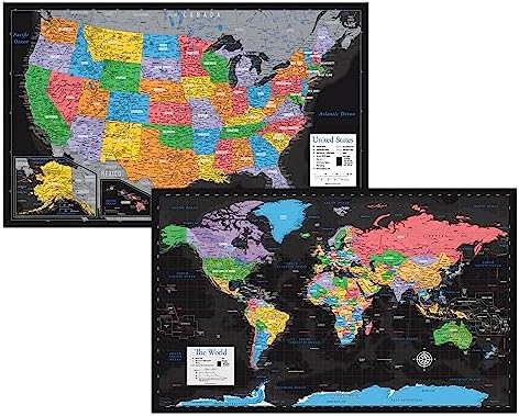 Laminated World Map & US Map Poster Set - 18" x 29" - Wall Chart Maps of the World & United States - Made in the USA - (LAMINATED, 18" x 29")