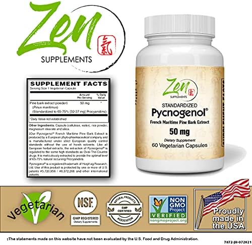 Pycnogenol 50mg - Standardized French Maritime Pine Bark Extract for Antioxidant & Inflammation Support - Non-GMO, Gluten & Soy Free 60-Vegcaps