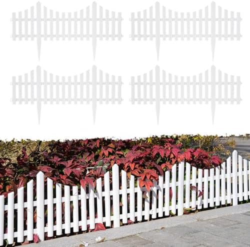 Sungmor Lightweight & Flexible Plastic White Edging Garden Picket Fence, Pack of 4 (One Piece L:24in, W:0.3in, H:13in) Above Ground Height 9.5in