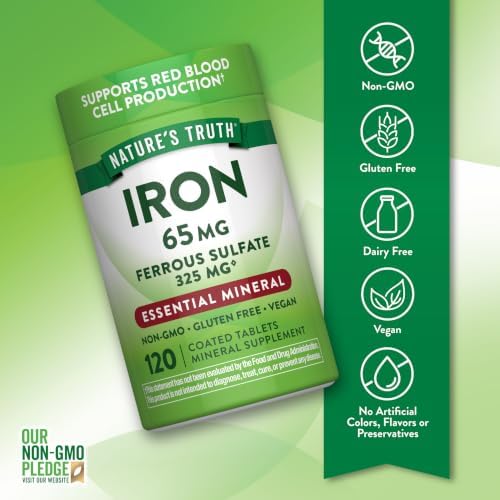 Nature's Truth Iron Supplement | 65mg | 120 Tablets | 325mg Ferrous Sulfate | Vegan, Non-GMO & Gluten Free Pills