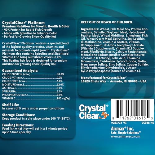 CrystalClear Platinum Fish Food Floating 5mm Pellets, 17.6 lbs | For Koi & Goldfish, premium nutrition to boost growth, color, and wellness in backyard ponds & water gardens