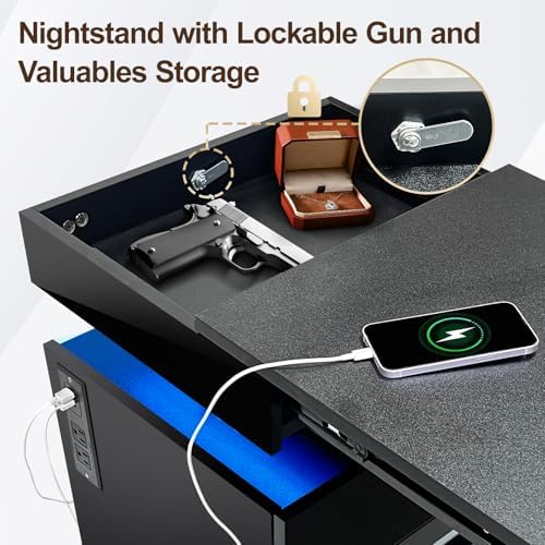 Night Stand with Gun Drawer, Modern Nightstand with Led Lights and Hidden Compartment