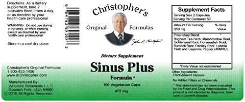Christopher's Original Formulas Sinus Plus, Sinus Support Capsules, Whole Herb Synergistic Blend, 100 Count