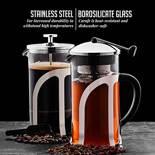 OVENTE French Press Coffee Maker, 34oz BPA-Free Cold Brewer, Clear FGC34T | Heat Resistant Borosilicate Glass, 4-Level Filter System, Stainless Steel Plunger, Cafetera Tea Pot for Kitchen Travel Gifts